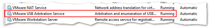 Always check that the USB arbitration service is running when using USB devices on VMs hosted in Workstation