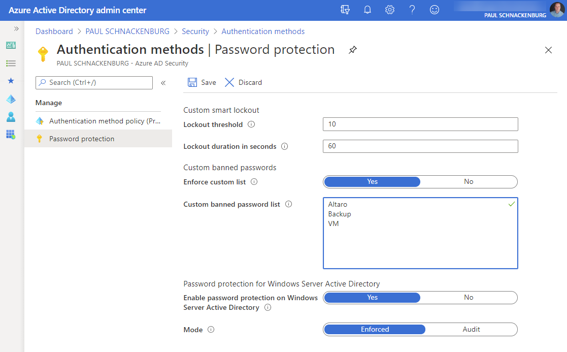 AAD Password Protection settings