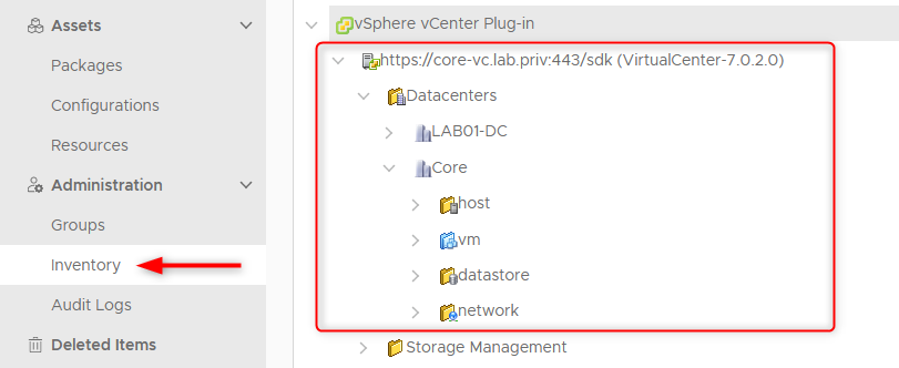 Administration > Inventory and expand the vCenter Plug-in view