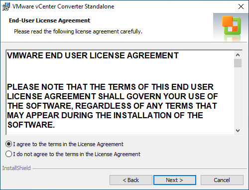 Agree to the VMware Converter EULA