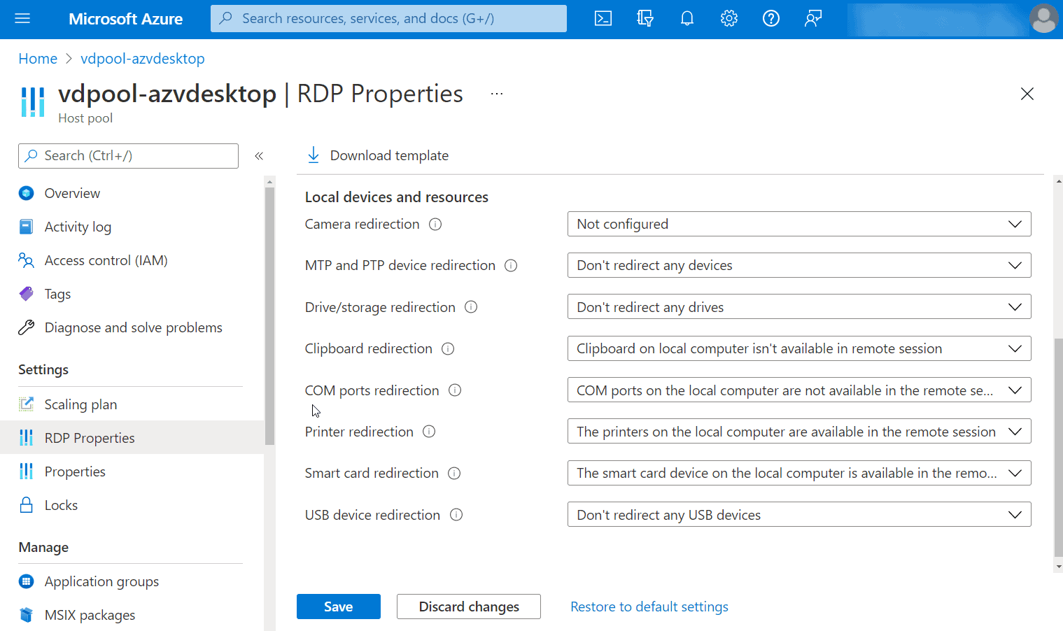 Azure Virtual Desktop RDP settings