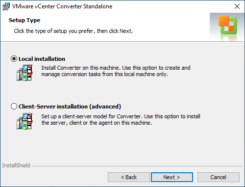 Choosing the installation type for VMware Converter