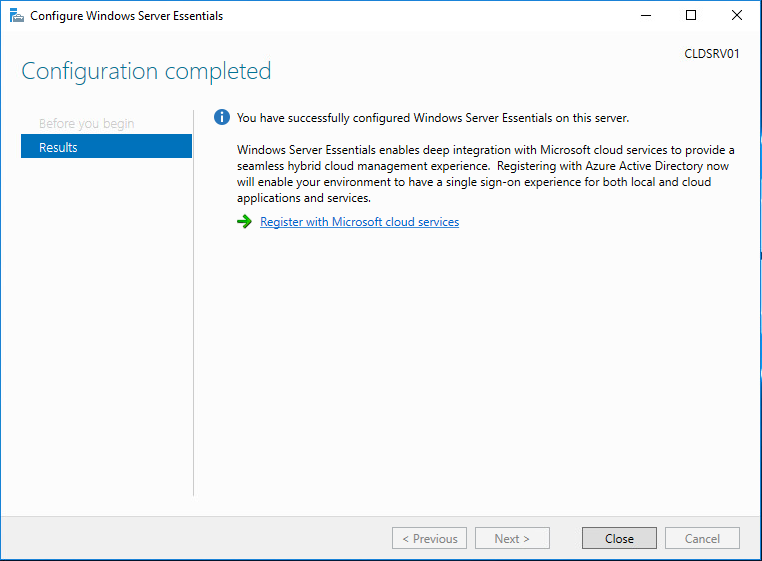 Configuration of Windows Server 2016 Essentials completes successfully