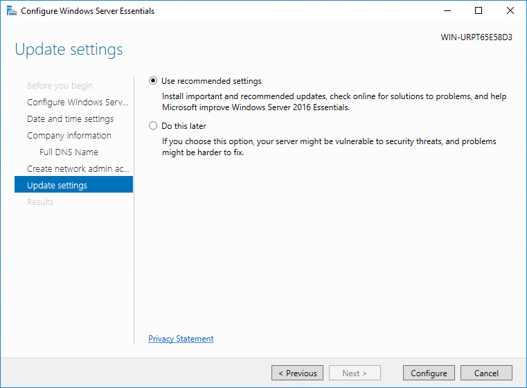 Configure the Windows Update settings in the Windows Server Essentials configuration wizard
