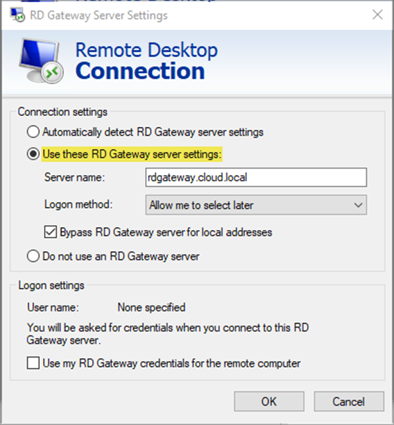 configuring RDP to use a Remote Desktop Gateway to connect to an RDS environment