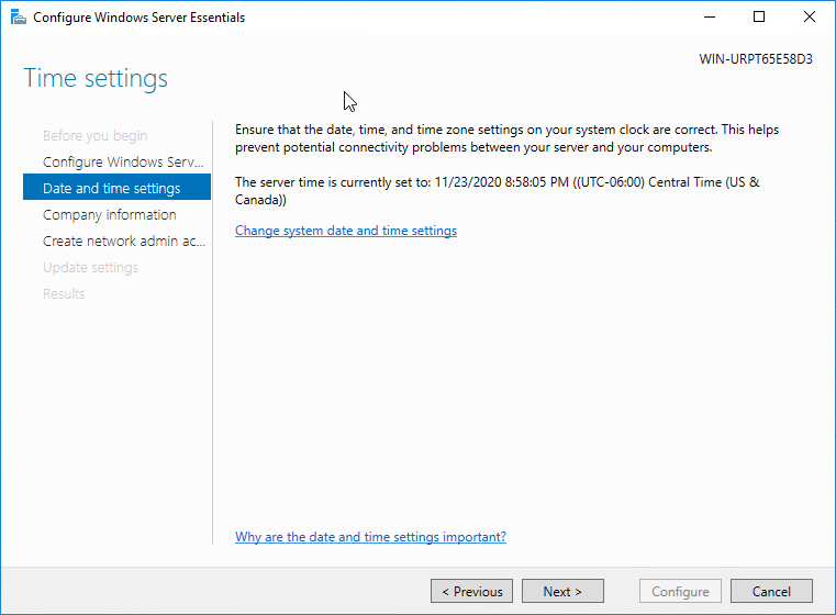 Configuring the date and time in Windows Server 2016 Essentials setup wizard
