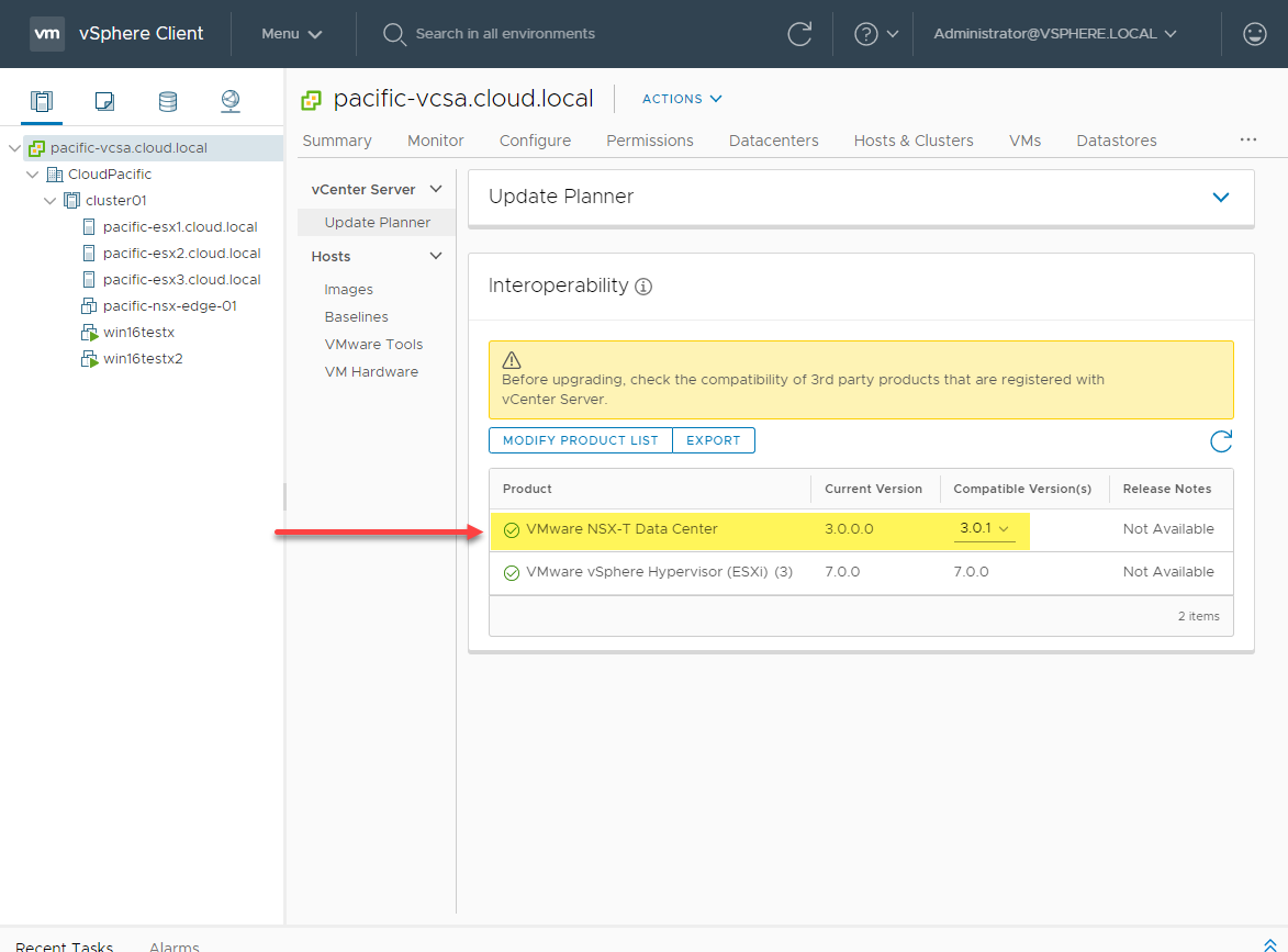 Discovering interoperability and pre-update check warnings before proceeding with a vCenter Server update