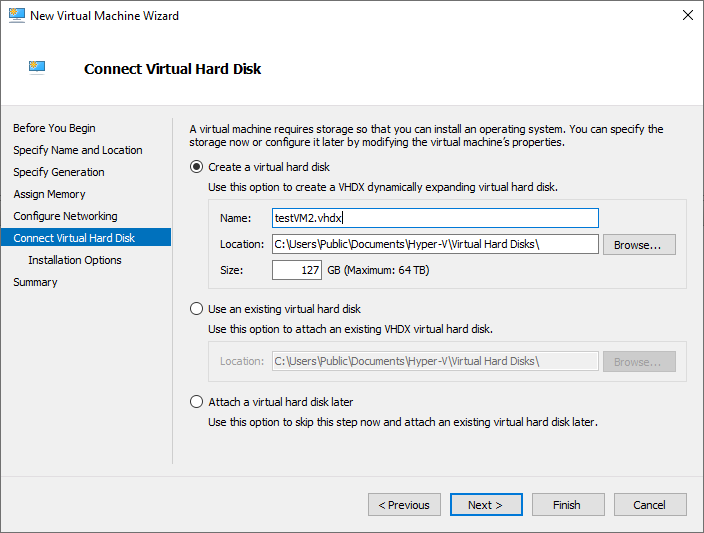 Disk options when creating a new Hyper-V virtual machine in Hyper-V Manager