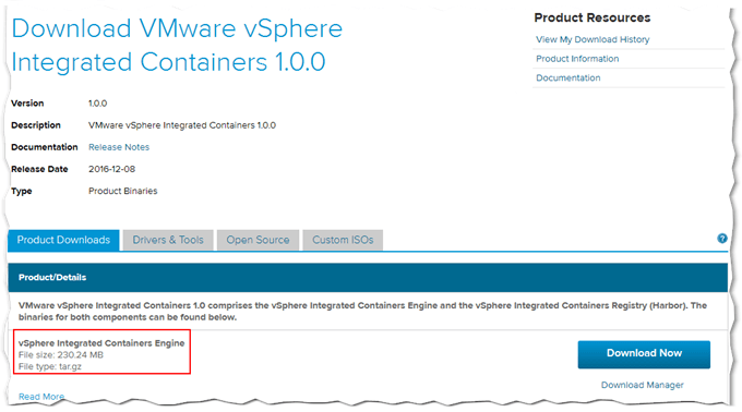 Downloading the vmware vsphere integrated containers engine from my.vmware.com