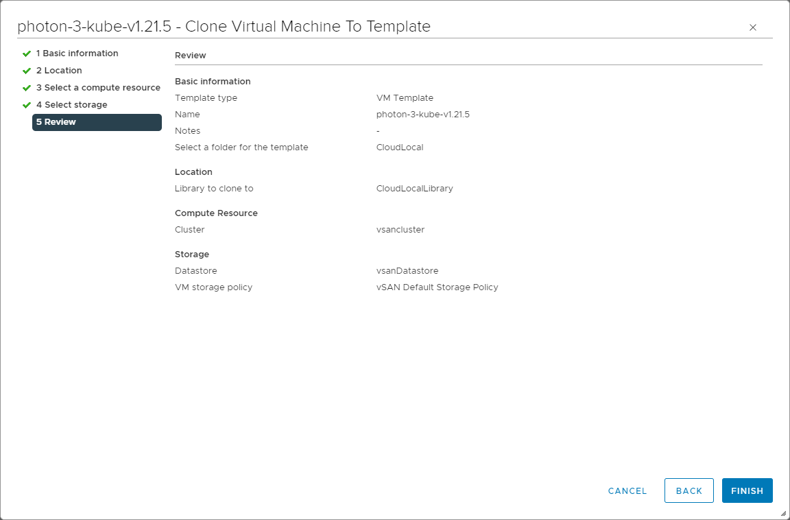 Finish the clone of the virtual machine to template in the VMware Content Library