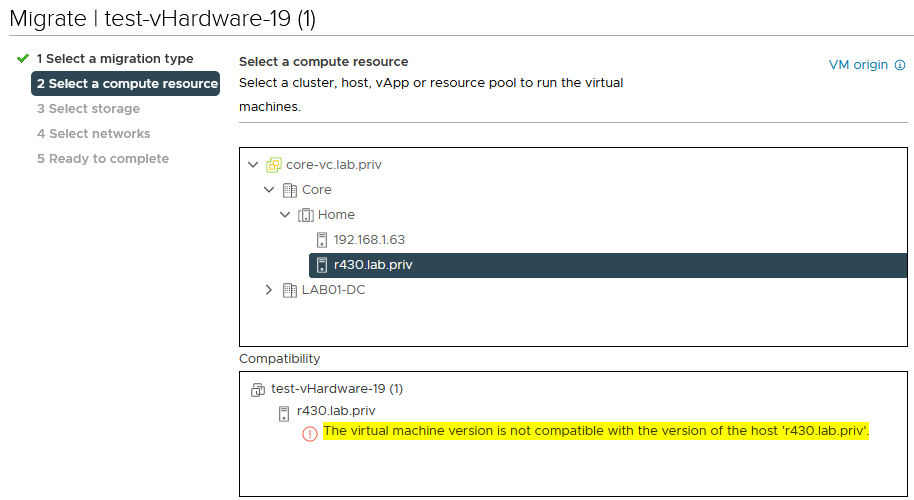 Hosts running an older version of vSphere appear as not compatible in the VM migration wizard