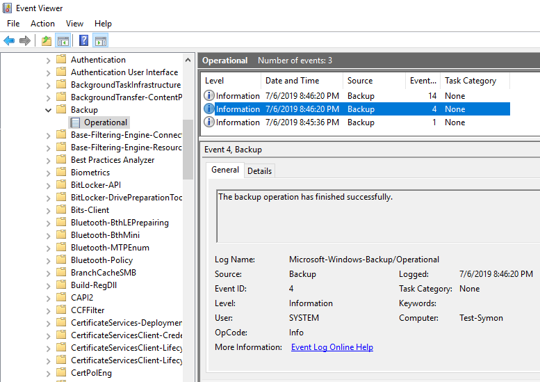 Backup event viewer