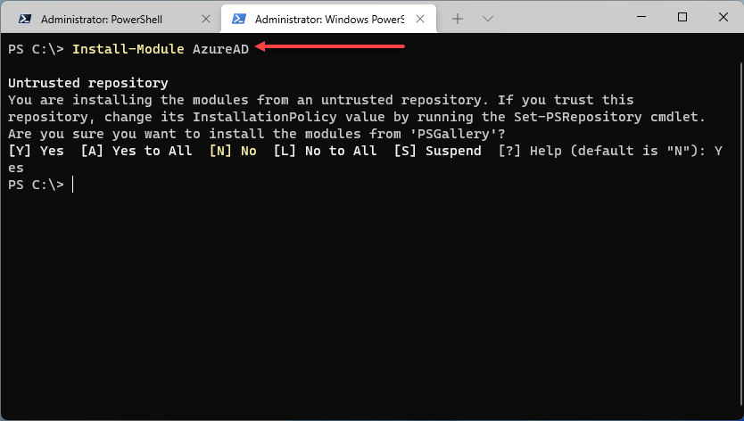 Installing AzureAD PowerShell module using Windows Terminal