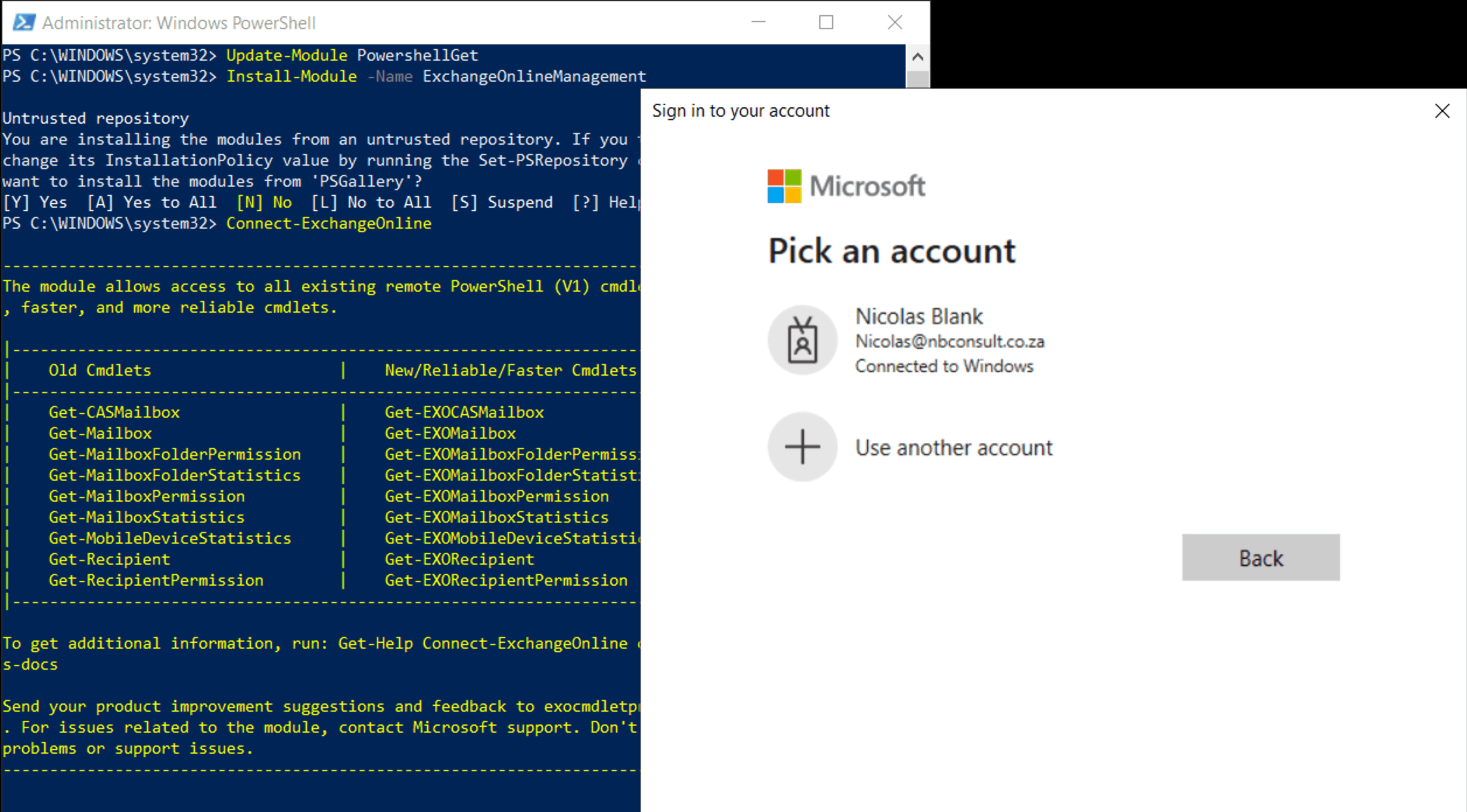 PowerShell session in Windows and installed the Exchange Online v2 module