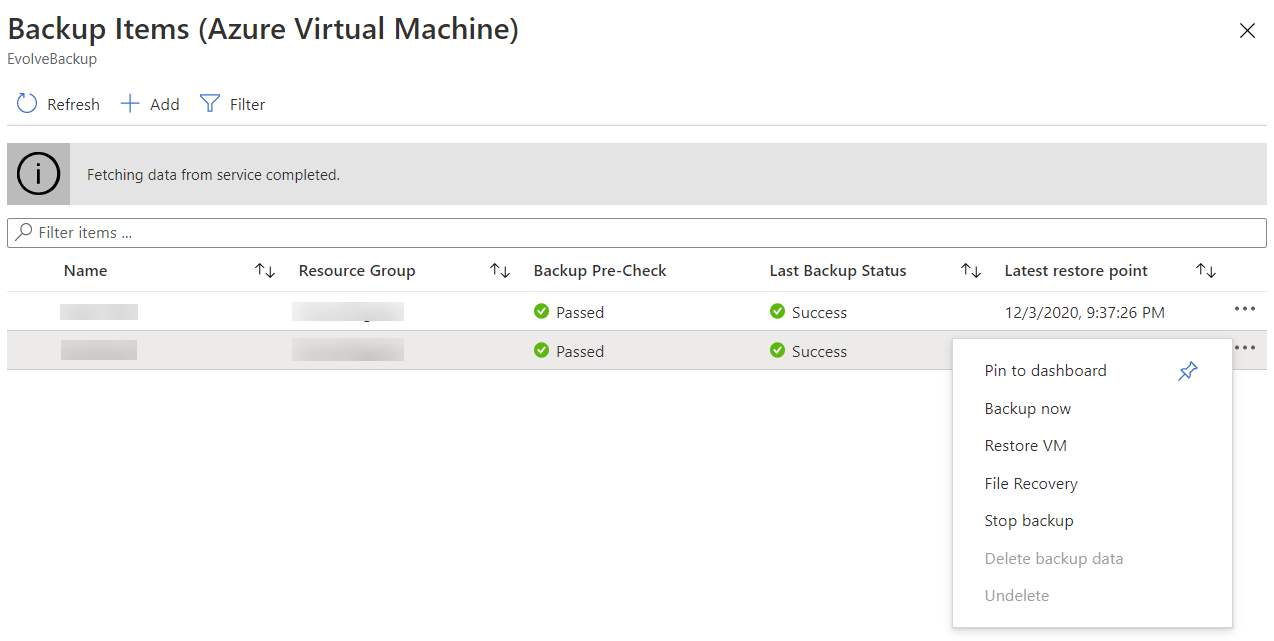 Production VMs protected in Azure Backup