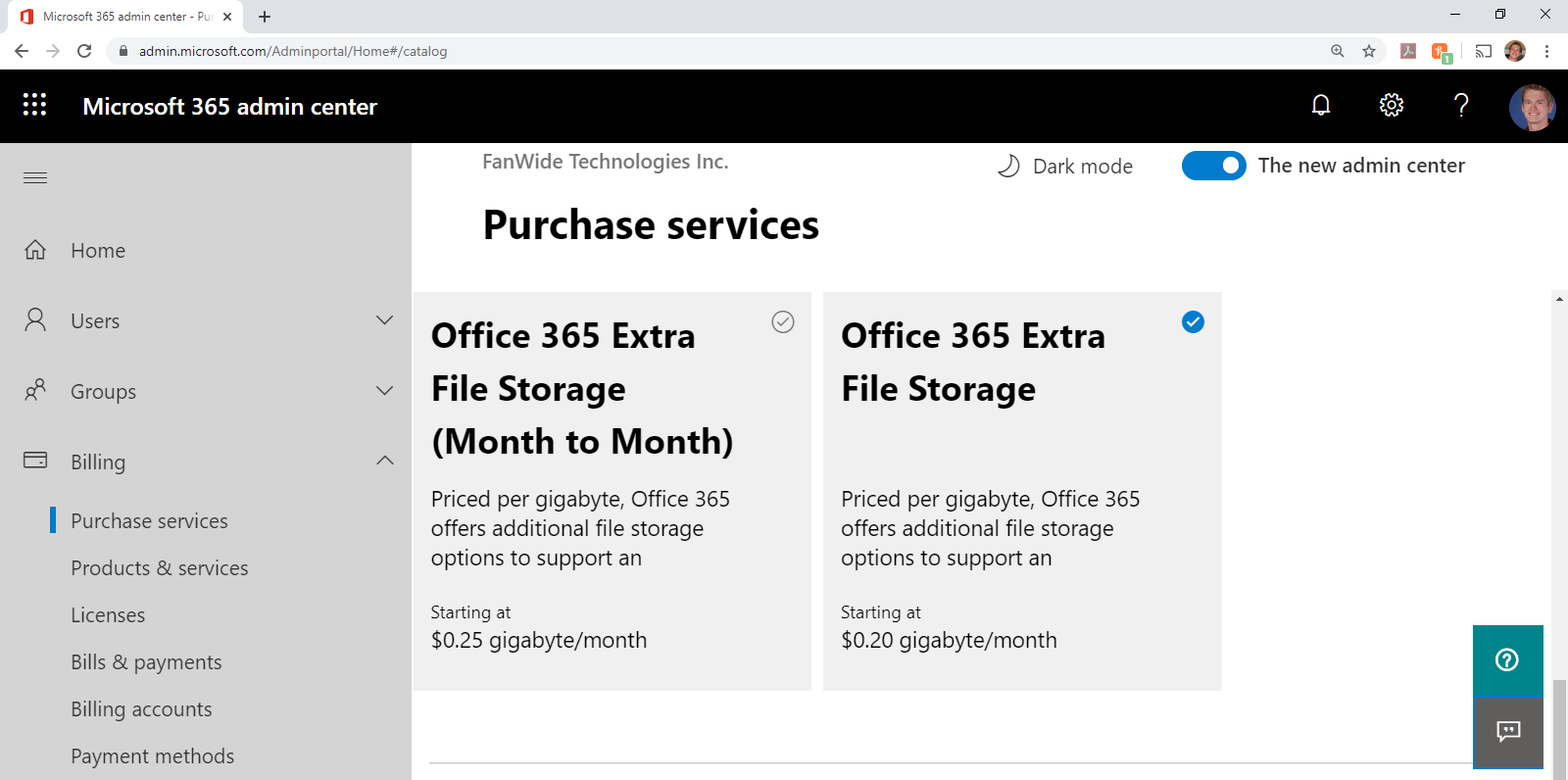Microsoft 365 Admin Center - Buying Additional Subscription Storage