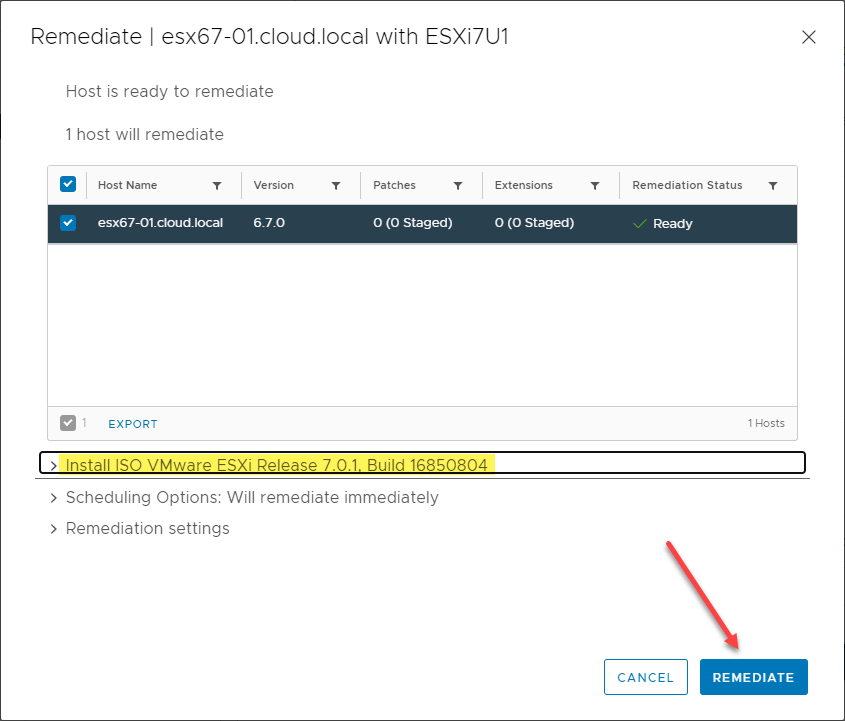 Remediate the host with the ESXi 7 Update 1 baseline