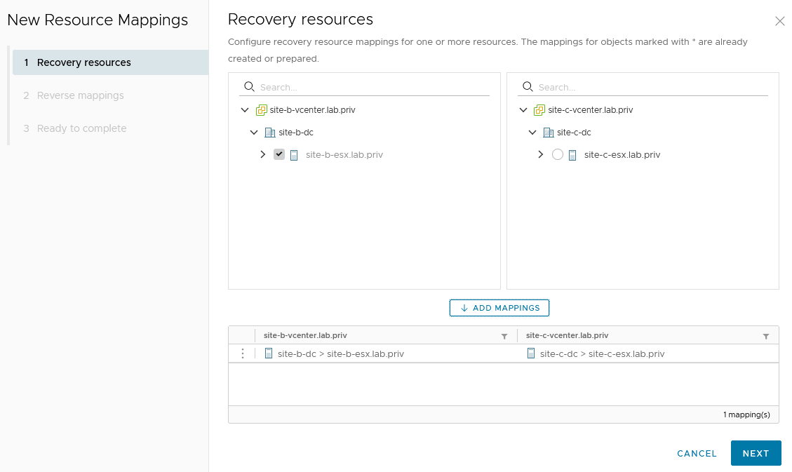 Select the source and destination resources to pair and click ADD MAPPINGS