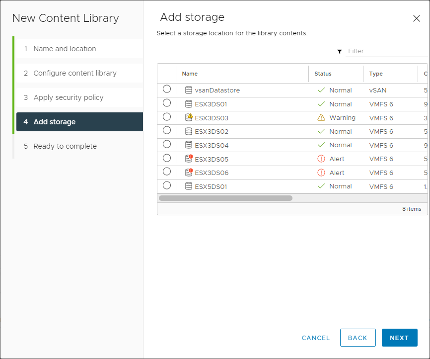Select the storage to use for storing items in the VMware Content Library