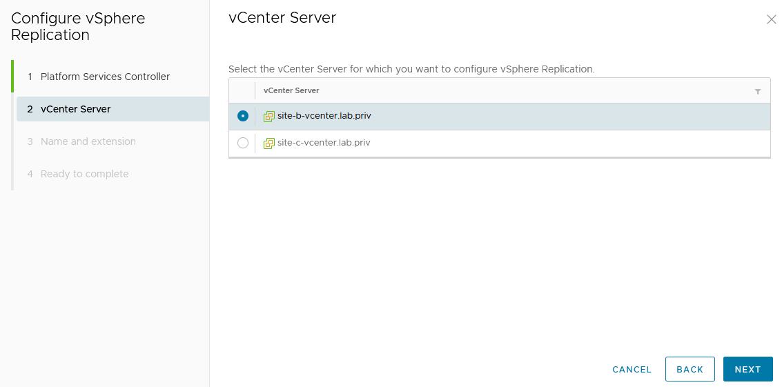 select the vCenter that is local to the site you are configuring