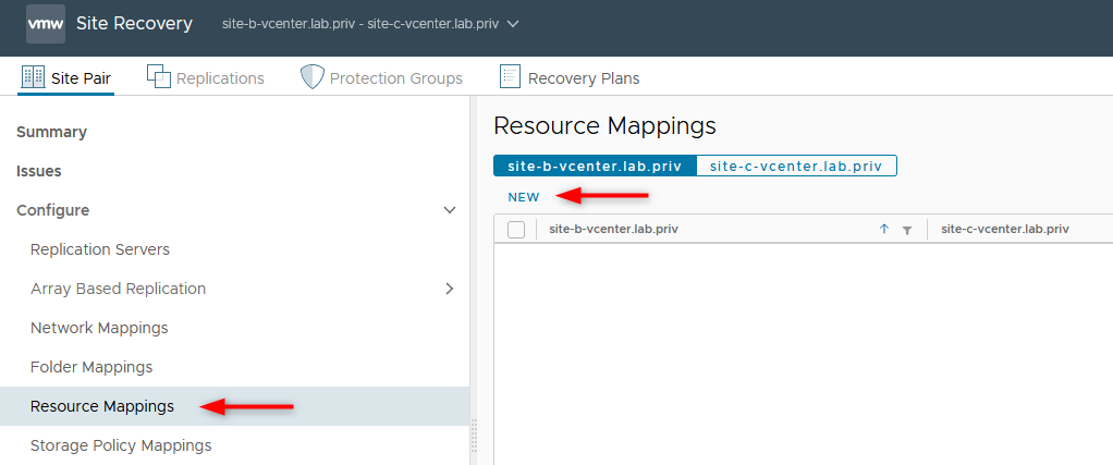 Site Pair > Configure > Resource Mappings