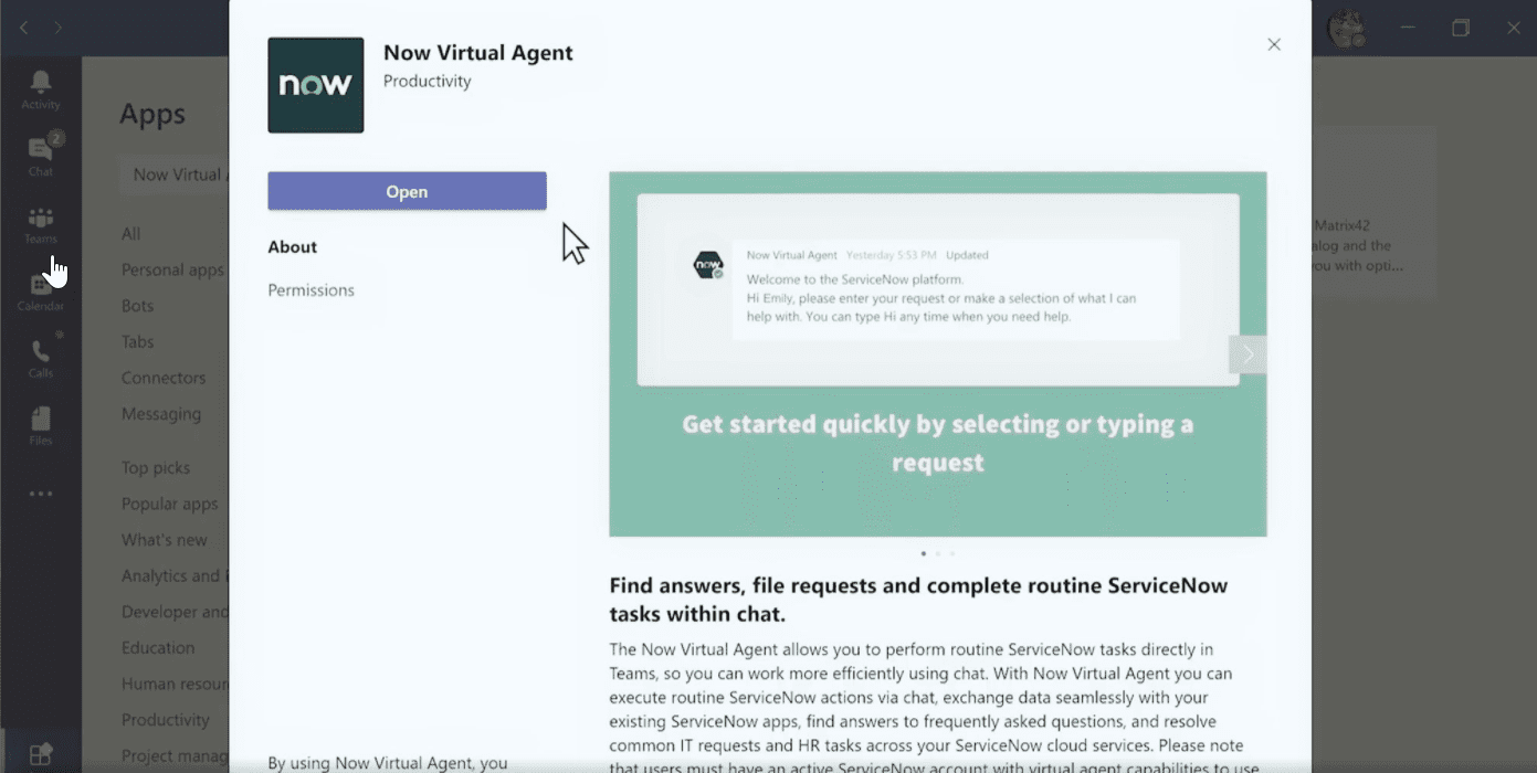 The ServiceNow Virtual Agent for Microsoft Teams