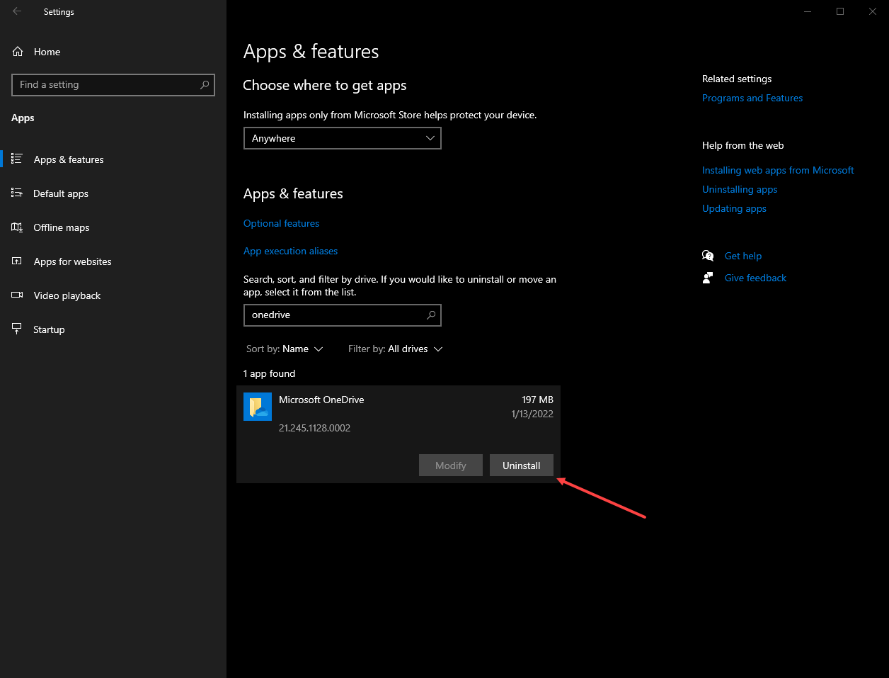 Uninstalling Microsoft OneDrive from a Windows 10 workstation
