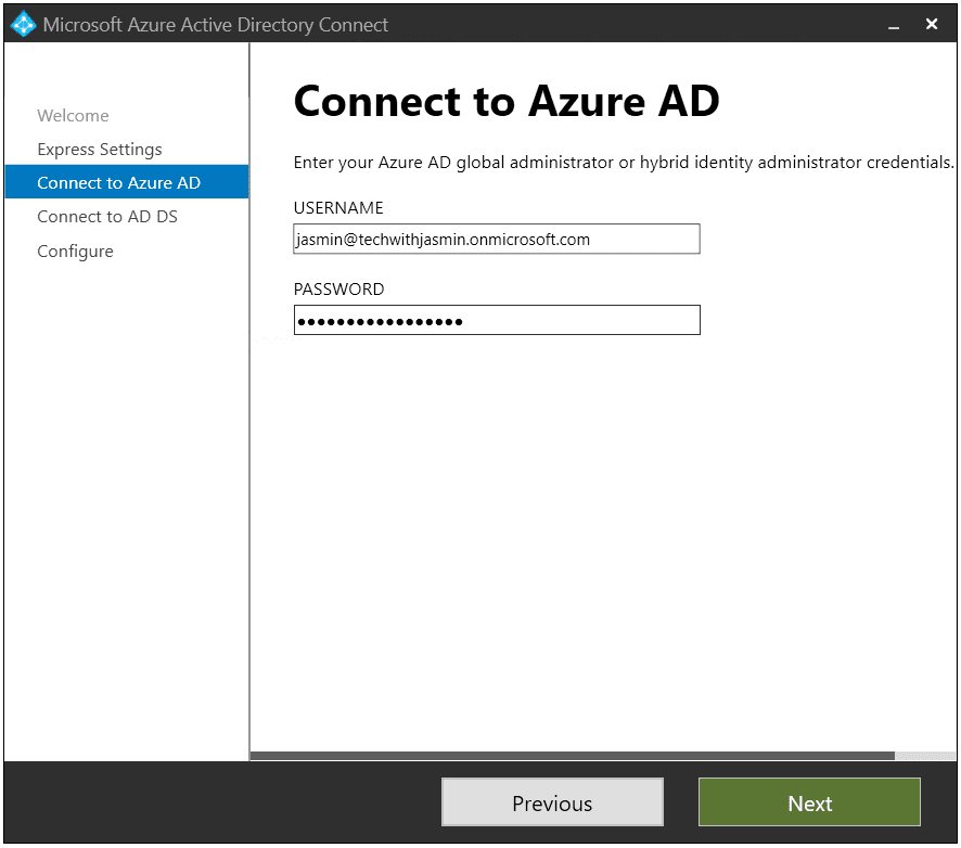 Using Azure AD Connect express settings to sync with an on-premises AD DS