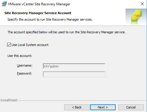 vCenter SRM Use Local System Account