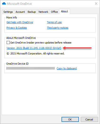 Viewing the version of OneDrive for Business under Help & Settings > About