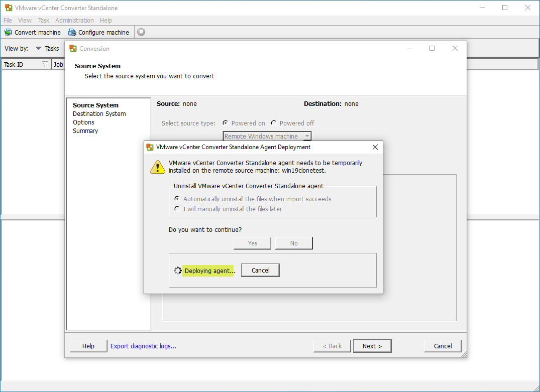 VMware Converter agent is installed on the remote Windows host