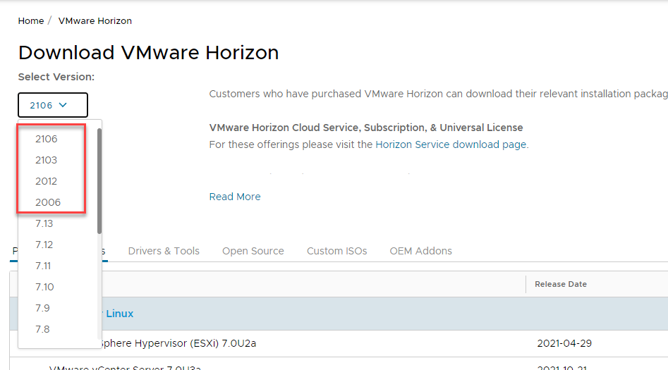VMware Horizon 8 is denoted with a new naming convention in the YYMM format