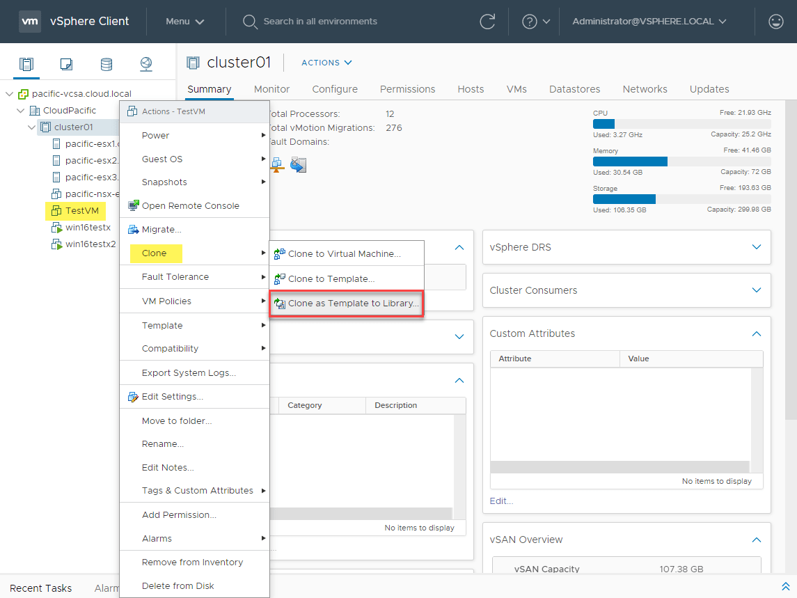 Vsphere Client, Using the Clone as Template to Library functionality