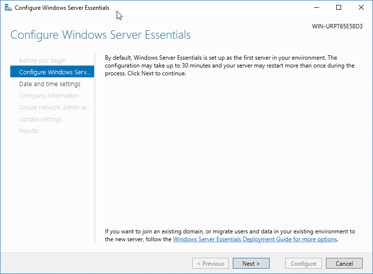 Windows Server 2016 configure Windows Server Essentials wizard
