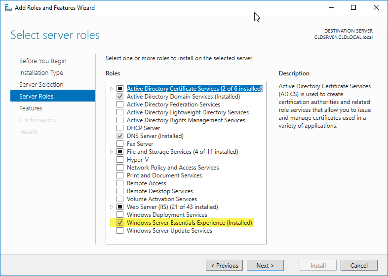Windows Server 2016 Essentials after installation and initial configuration